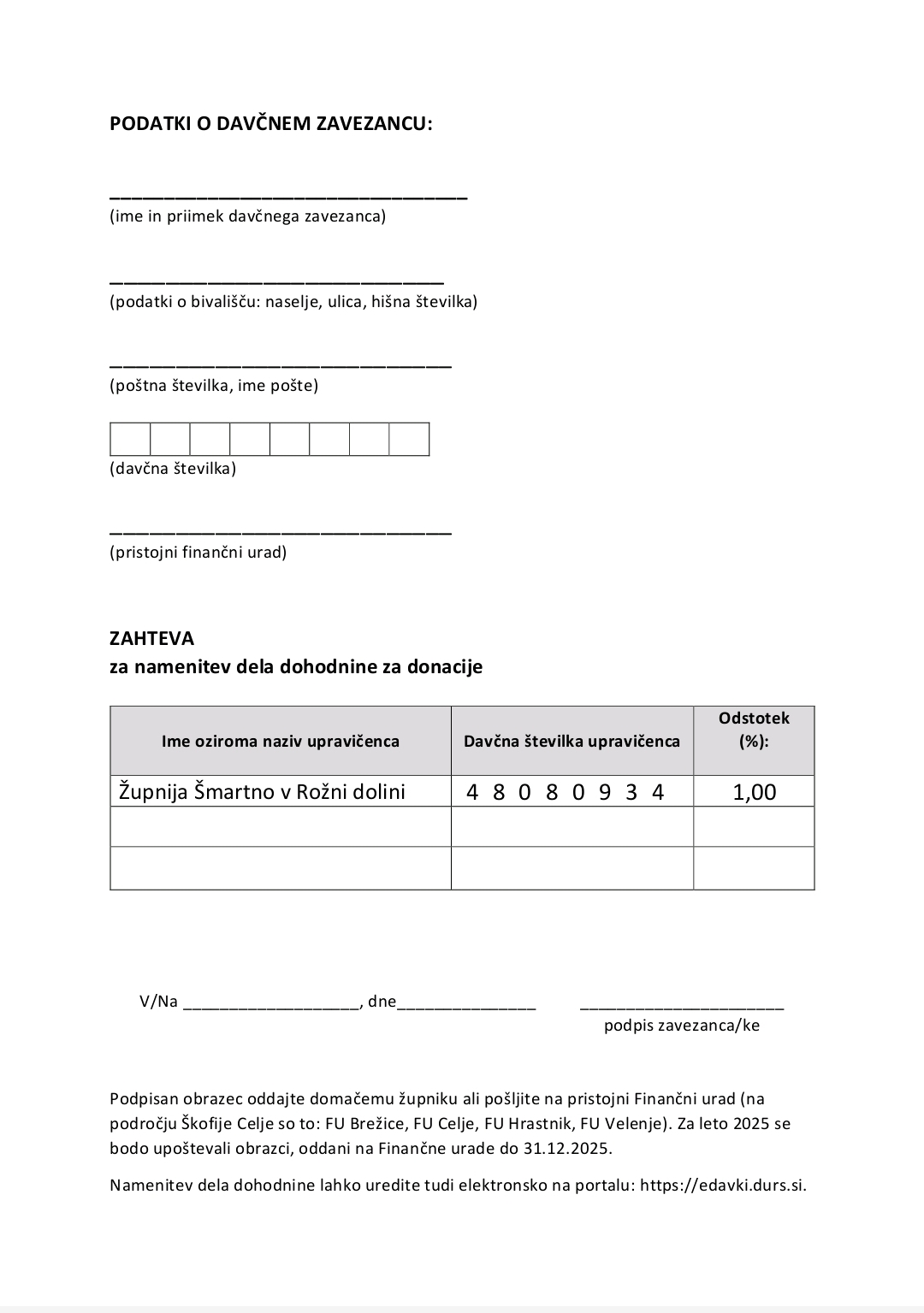 OBRAZEC ZA DOHODNINO - ŽUPNIJA ŠMARTNO