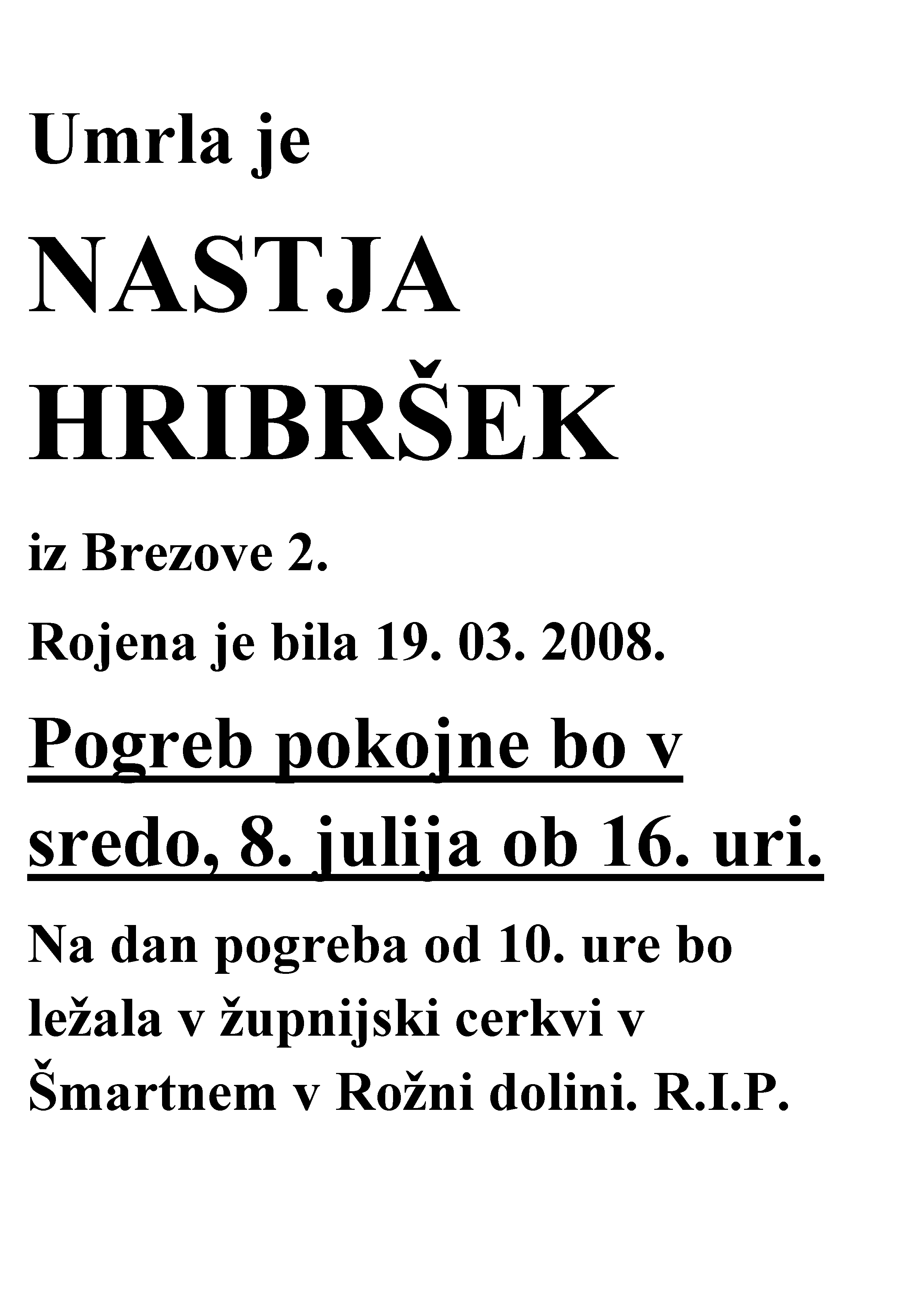 Osmrtnica Nastija Hribršek